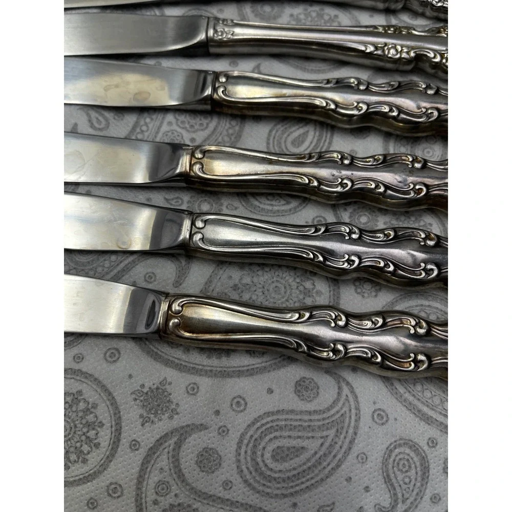 Vintage Stainless Dinner Knives Set of 6 Floral Scroll Flatware Silverware